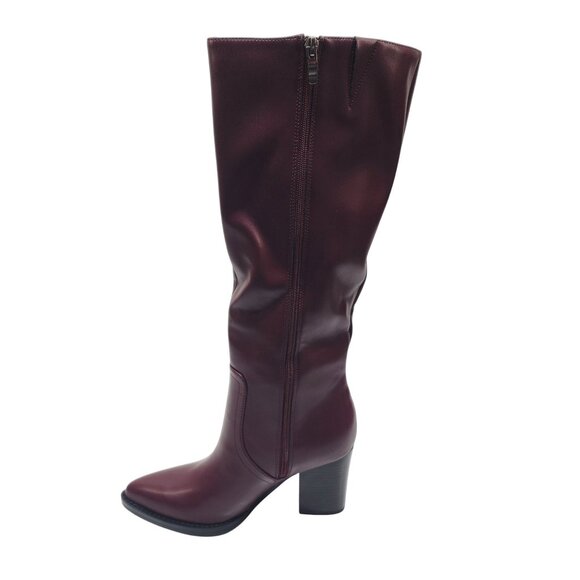 Womens Burgundy Knee-High Heeled Boots 6.5 Faux Leather Side Zipper Block Heel - Picture 9 of 9